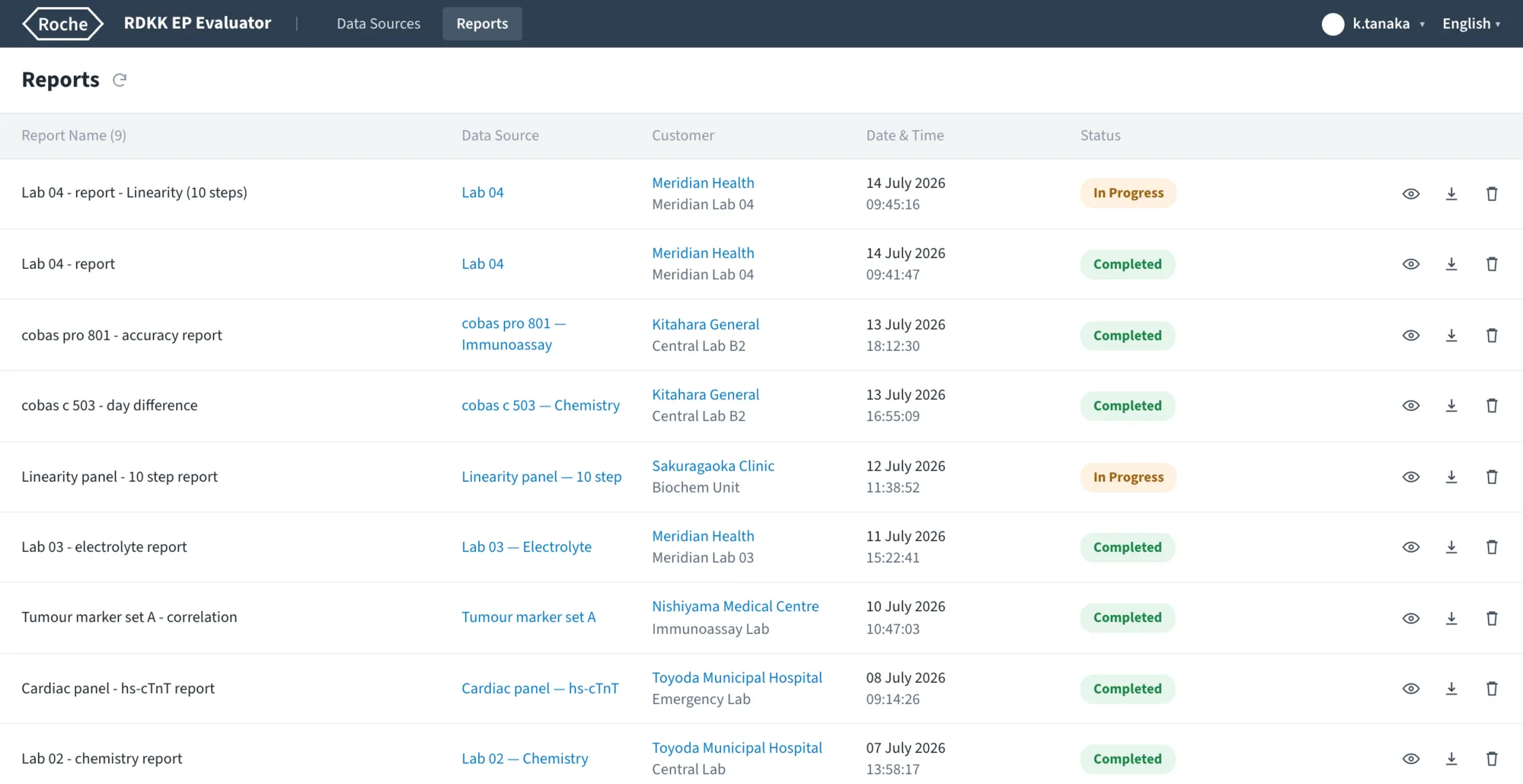 The RDKK EP Evaluator report listing screen, with saved evaluation reports, their status and their creation dates